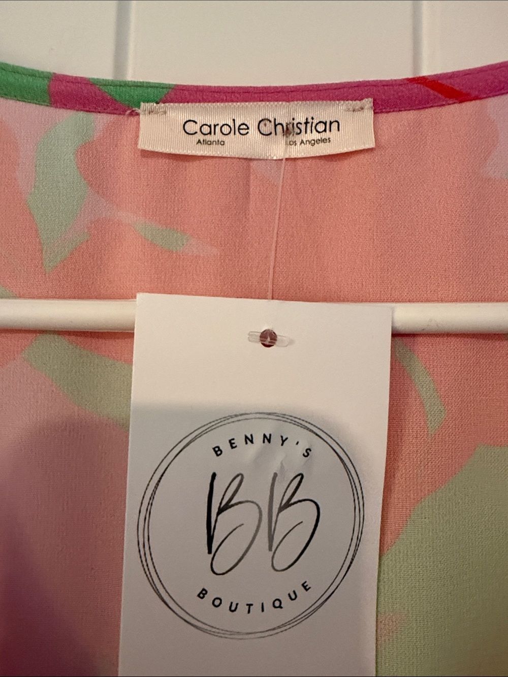 Carole Christian Pink Red Floral Puff Sleeve Babydoll Mini Dress V-Neck NWT - Picture 2 of 5